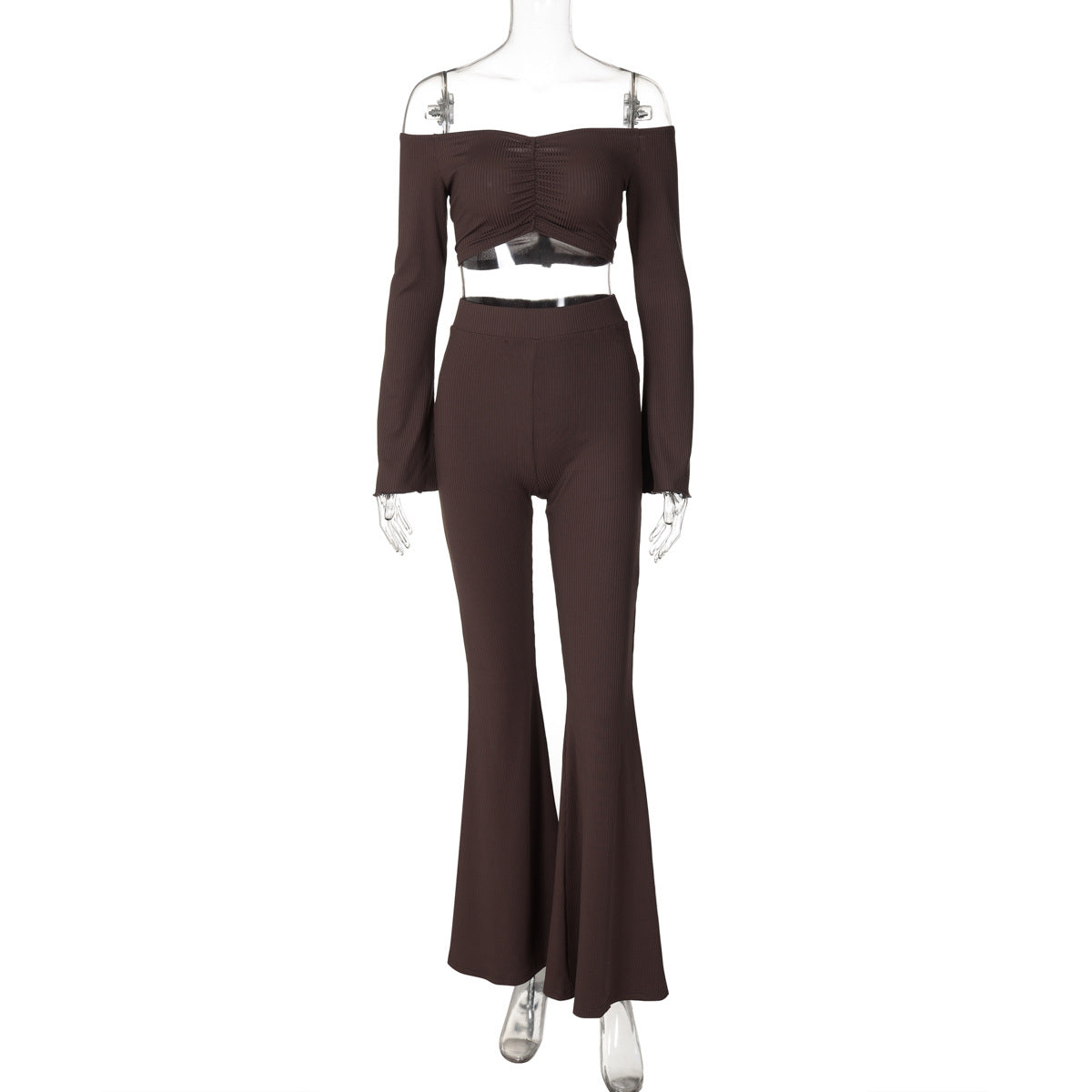 Women Off Shoulder long-sleeved Top Bell Bottom Pant two-piece set 7