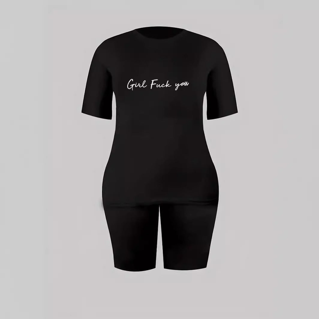 Women's Letter Printed Sports Short-Sleeved Round Neck Casual Two Piece Shorts Set 9