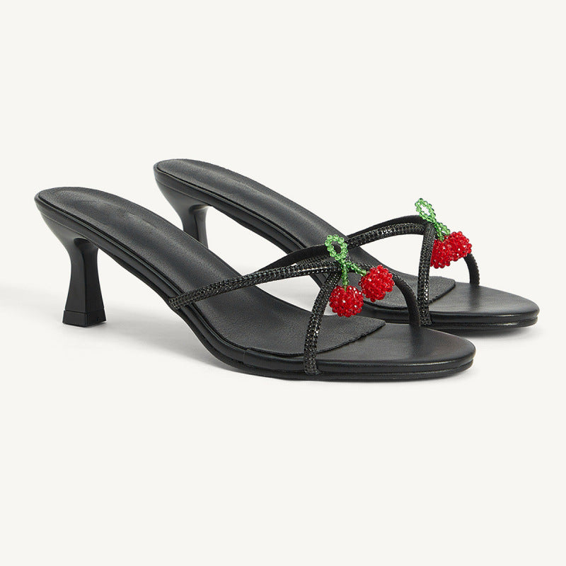 Fashionable Women's Black Shiny Rhinestone Beaded Open Toe High Heel Sandals 6