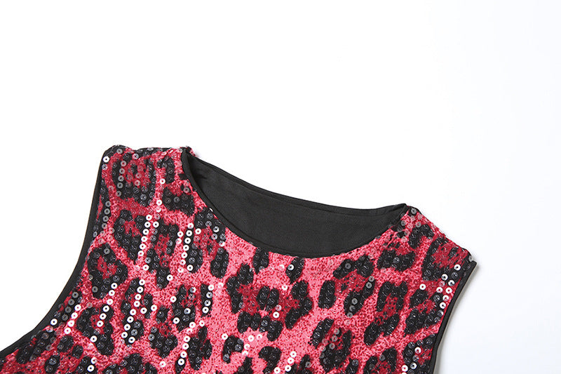 Women sexy animal leopard sequin sleeveless Top and shorts two-piece set 11