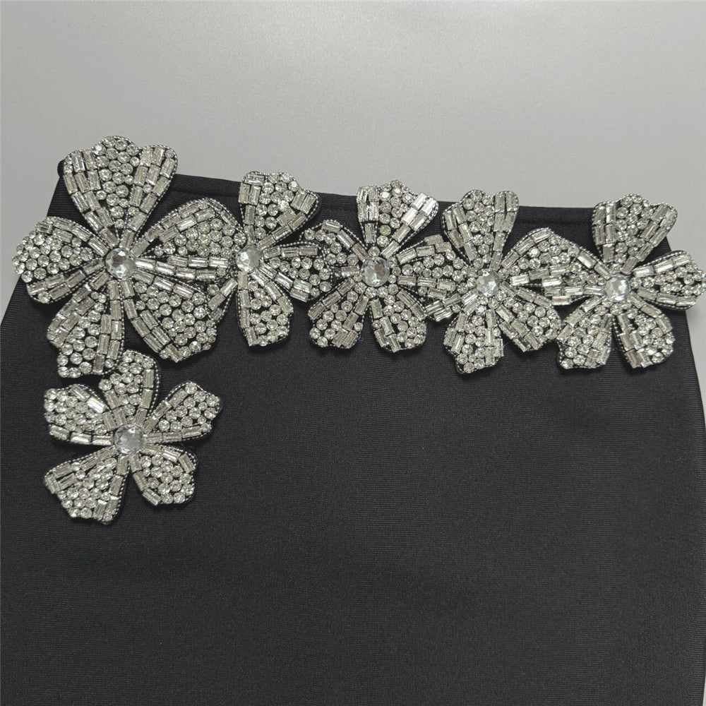 Fashionable Diamond Bandage Skirt Suit Long Sleeve Half High Collar Short Top Long Skirt Women Two-Piece Set 12