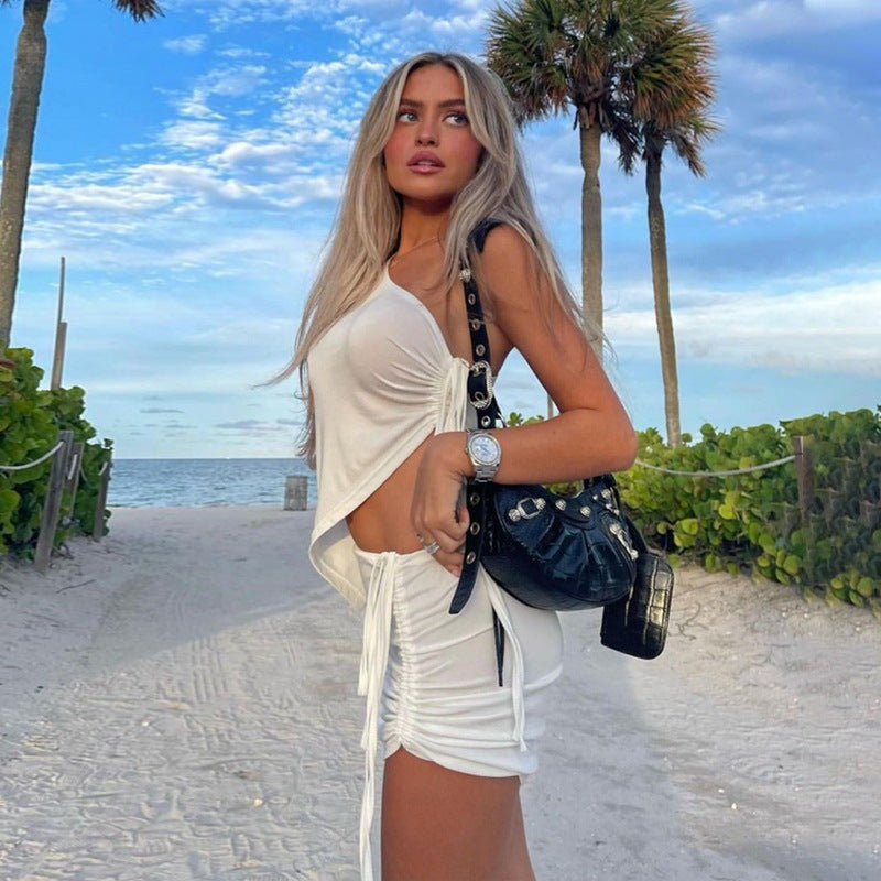 Women summer one-shoulder vest and wrinkled Mini Skirt two-piece set 5