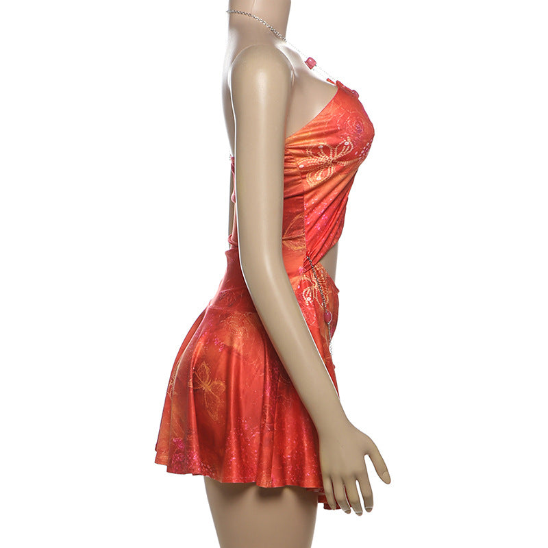 Women's Summer Style Chain Halter Neck Sexy Cut-out Print Dress 10