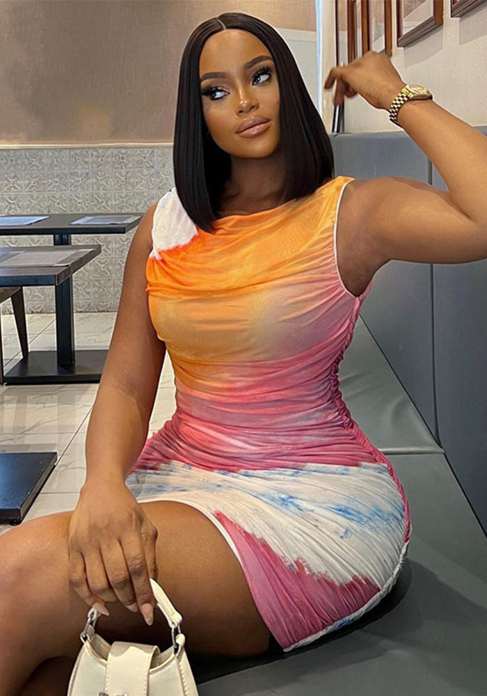 Fashion Printed Round Neck Sleeveless Mesh Patchwork Bodycon Casual Trendy Women's Dress