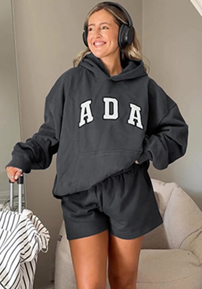 Women Winter Letter Print Long Sleeve Hoodies And Shorts Two-piece Set