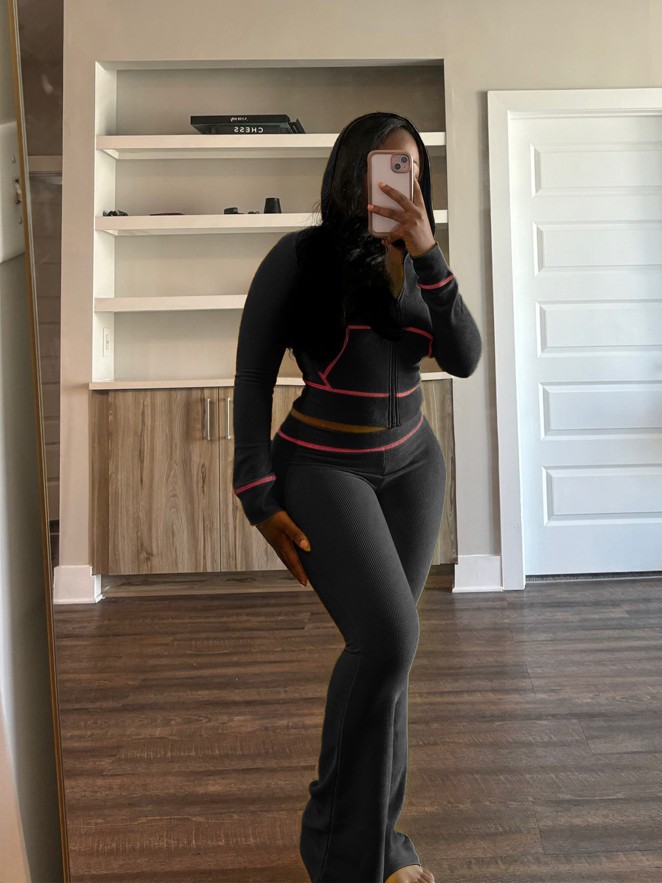 Women's Waffle texture hooded Bell Bottom Casual two piece pants set 3