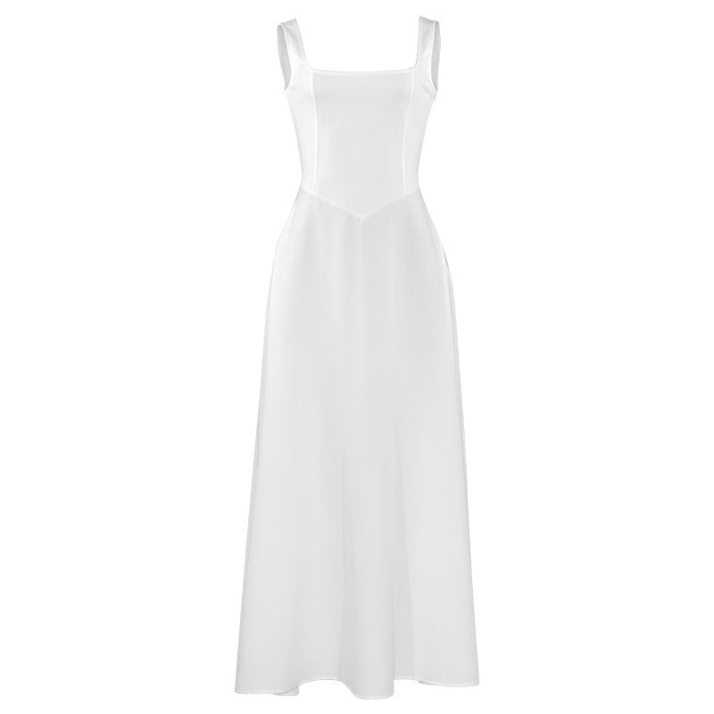 Spring Summer Square Neck Sleeveless Slim Waist Strap Dress 13
