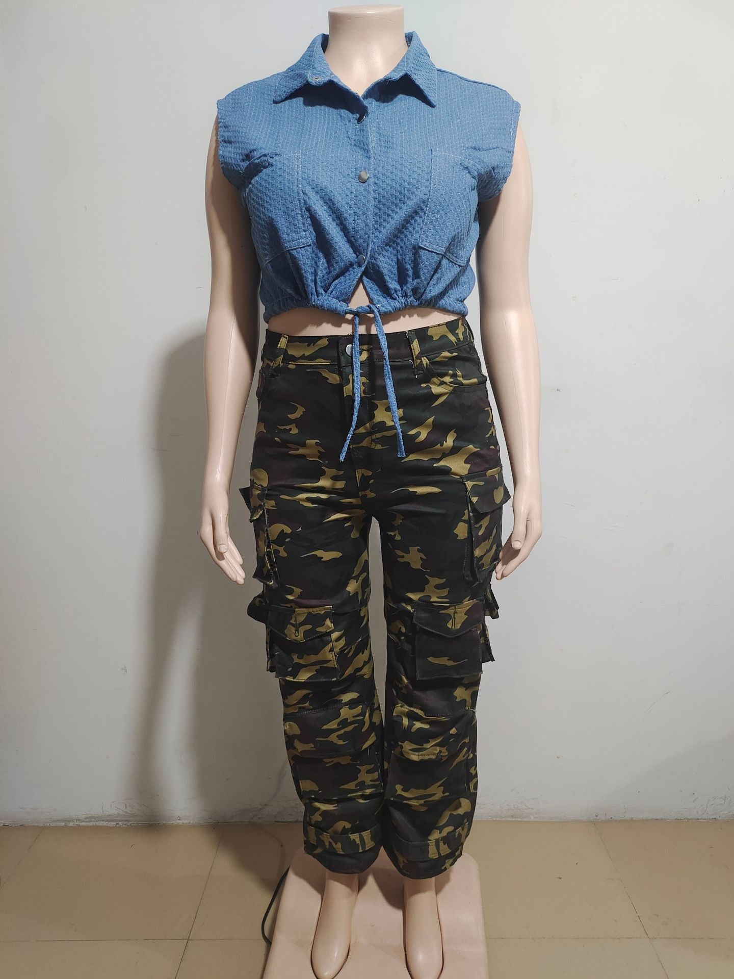 Women's Casual Vest Top Women's Fashion Loose Drawstring Turndown Collar Denim Jacket 6