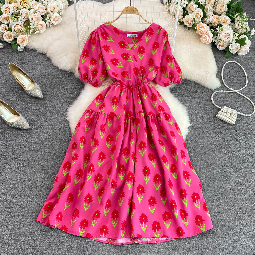 Women Summer V-Neck Puff Sleeve Floral Dress 9