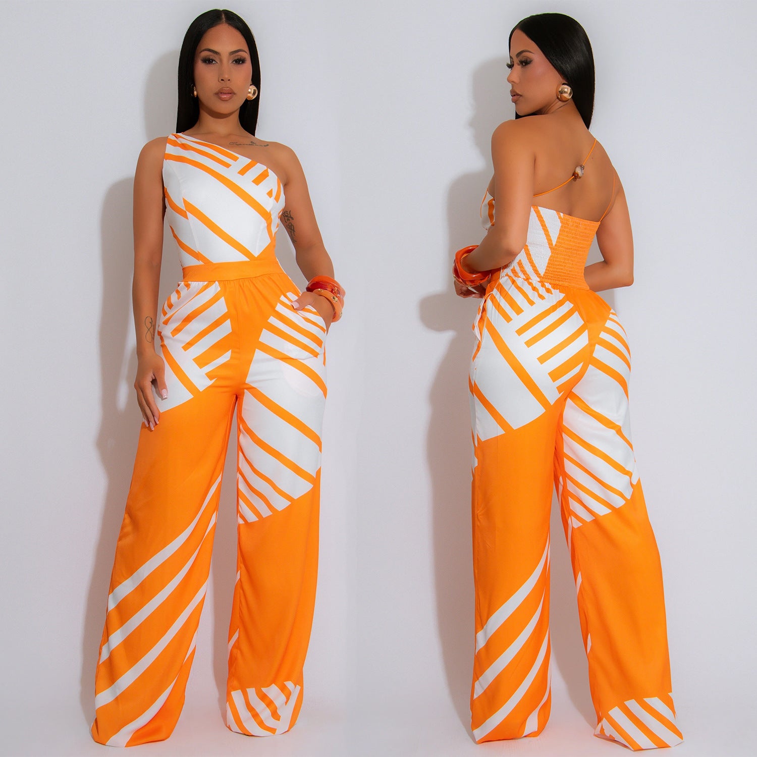 Fashion Women's Summer Casual Low-Back Slash-Shoulder Striped Jumpsuit 3