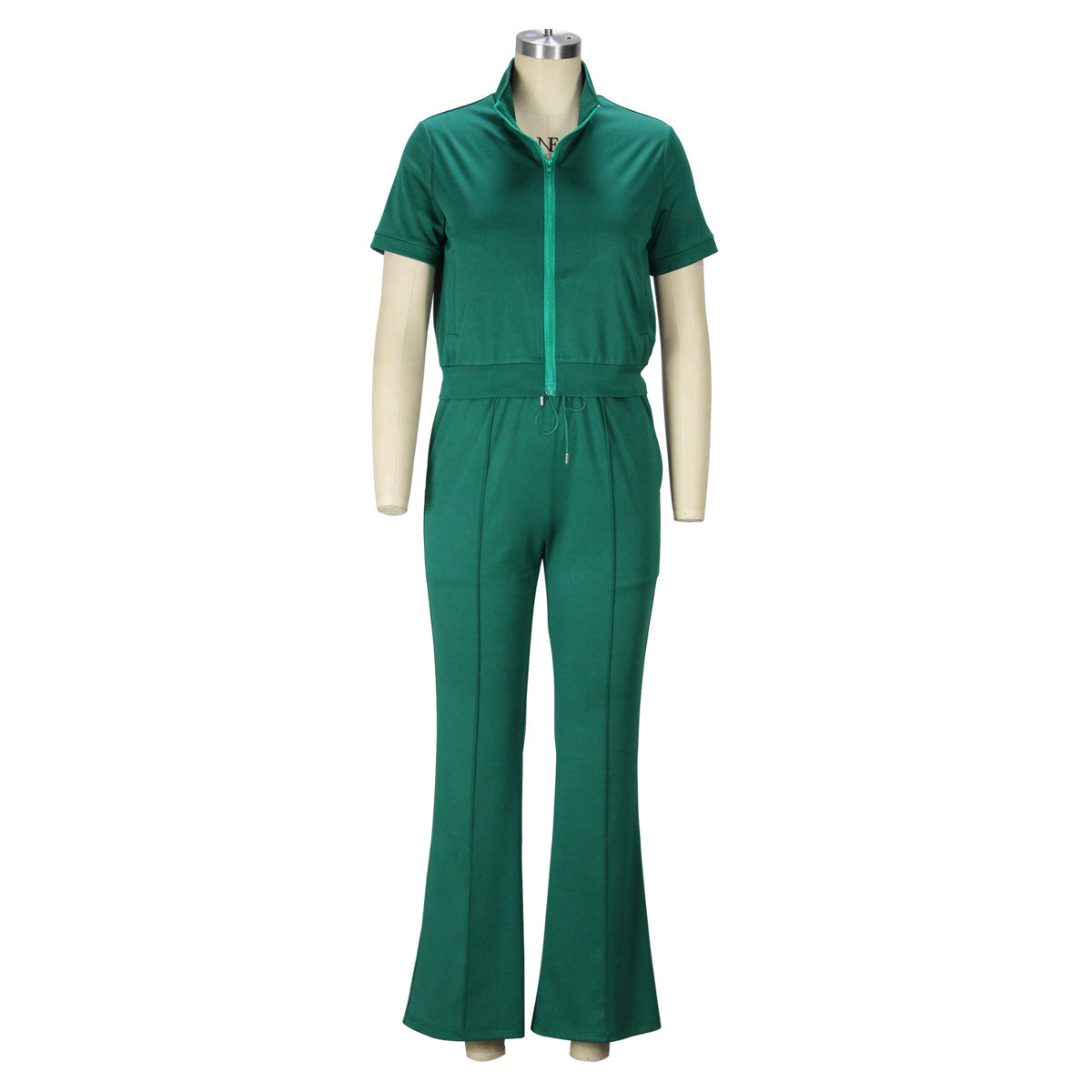 Women'S Spring Summer Short Sleeve Zip Top Bell Bottom Pants Casual Two-Piece Set 22