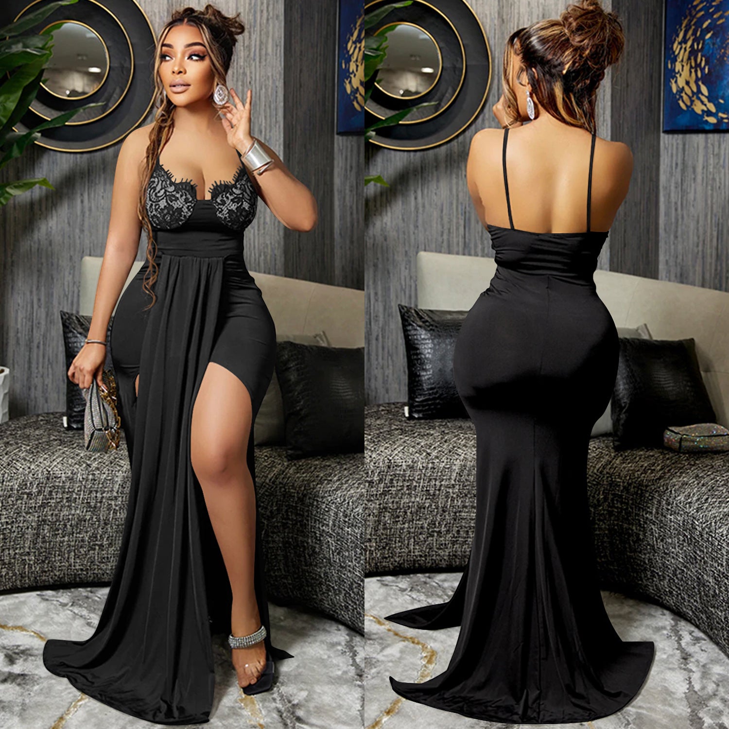 Fashion Solid Color Elegant Sexy V-Neck Sling Low Back Irregular Dress Long Dress（customized,MOQ 6pcs/size/color,process time 7-10 days） 7