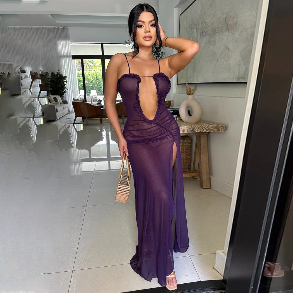 Sexy See-Through Mesh Solid Color High Slit Dress 9
