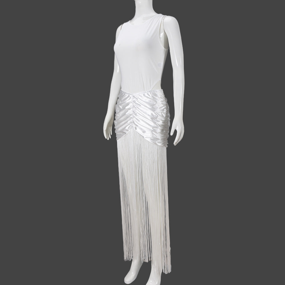 Women's Autumn Sleeveless Slim Fit Bodysuit Sexy Fringe Skirt Set 10