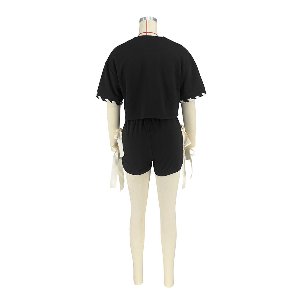 Bow-Tie Lace-Up Sports Casual Short-Sleeved Shorts Set 9