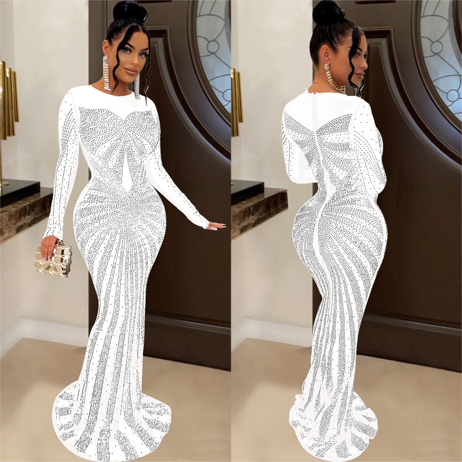 Women Solid Color Mesh See-Through Beaded Long Sleeve Maxi Dress 5