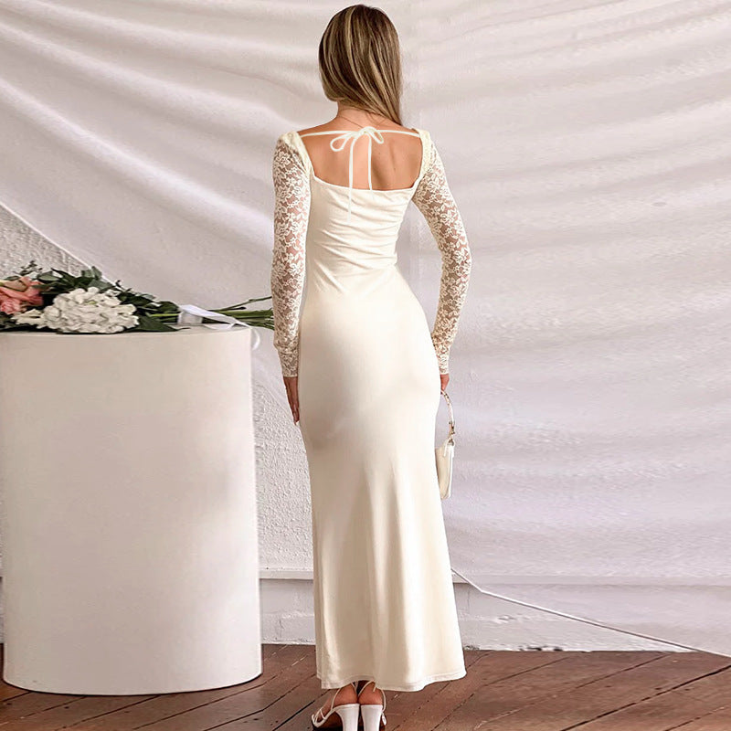 Sexy Lace Long-Sleeve Long Dress Chic Low Back Bodycon Dress 5