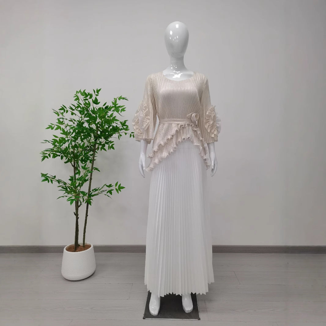 Plus Size Women Casual Pleated Irregular Top and Skirt Two Piece Set 8