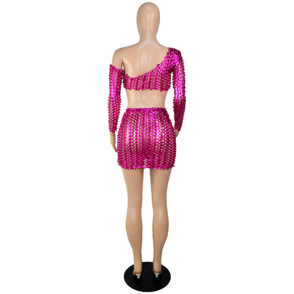 Women Sexy Mesh Hollow Hollow Long Sleeve Crop Top + Skirt Two Piece Set 25