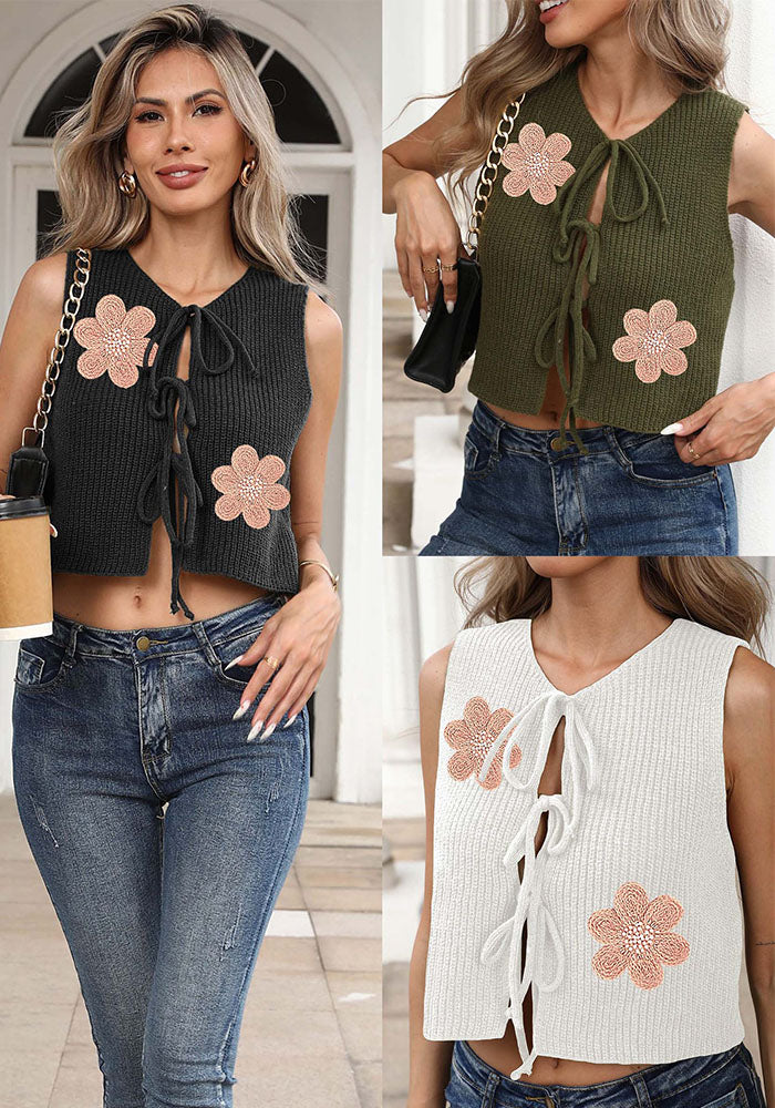 Women casual sexy lace-up bow western embroidered flower solid top