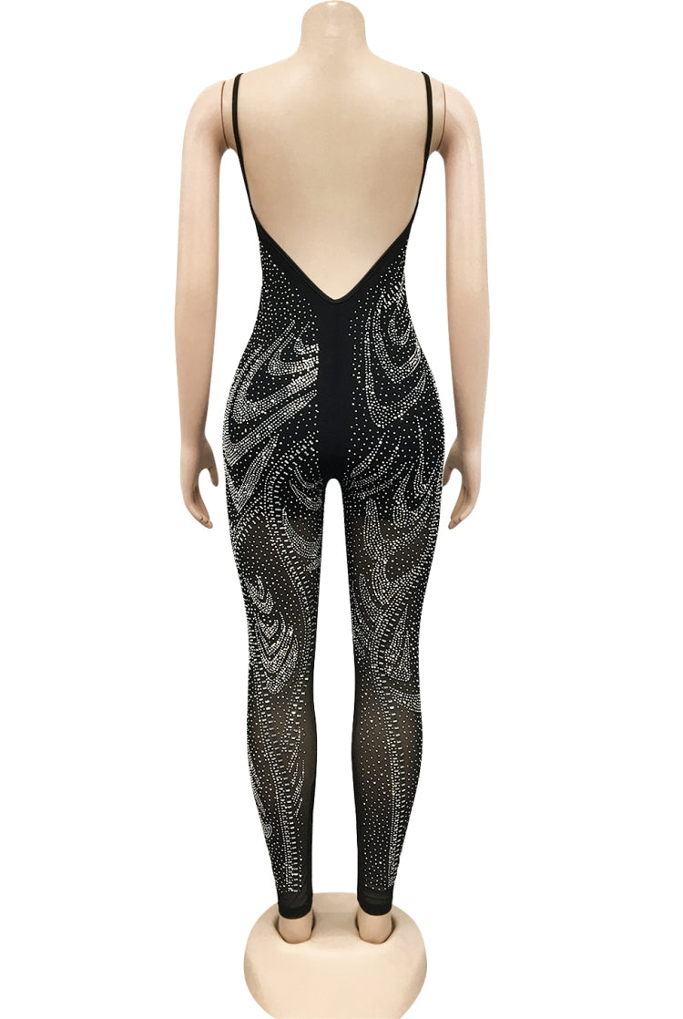 Summer Party Black Beaded Halter Bodycon Jumpsuit 5