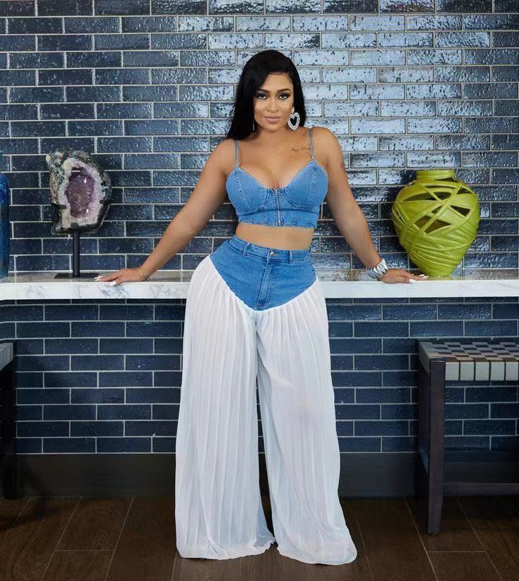 Women Suspender V-neck Vest Pleated Denim Patchwork Pants Two-piece Set 4