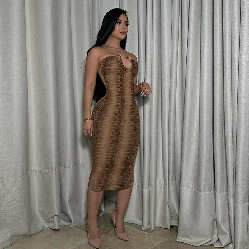 Spring/Summer Women's Sexy Sleeveless Strapless Fashion-Print Bodycon Long Dress 4