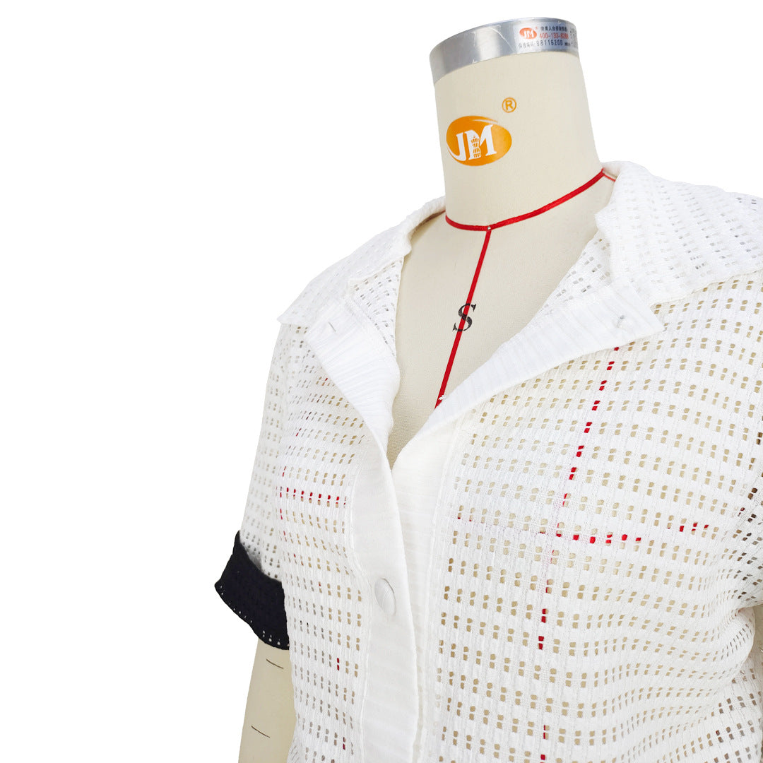 Women Solid Button Short Sleeve Top and Short Two-Piece Set 26