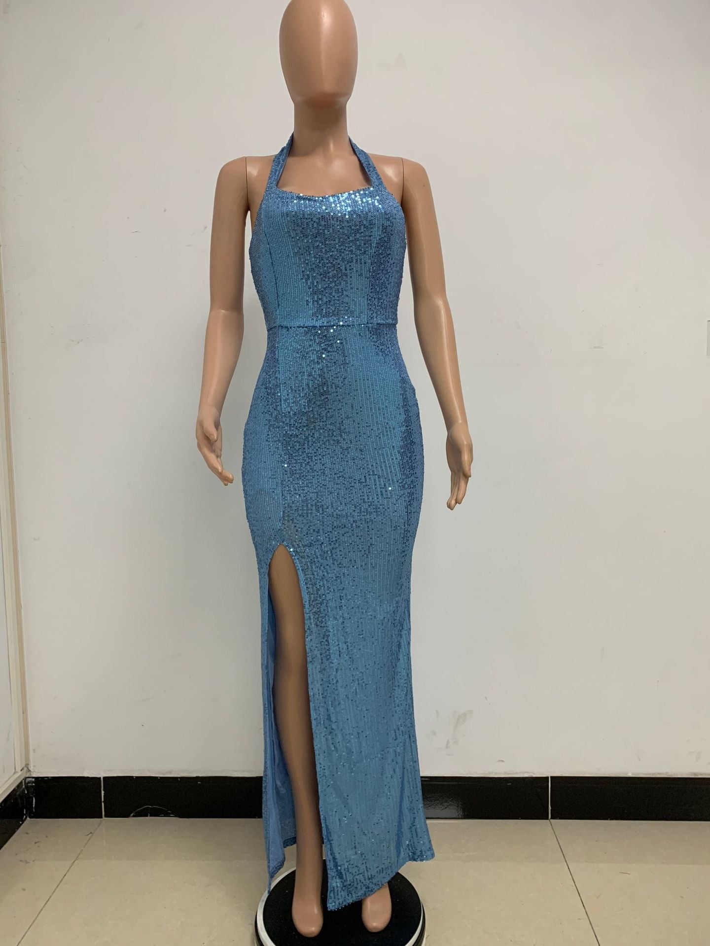 Women Sleeveless Halter Neck Backless Sequin Slit Evening Dress 64