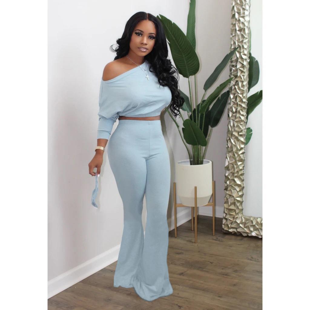 Women's Casual Bat Long-Sleeved Top Bell Bottom Pants Two-Piece Set 5