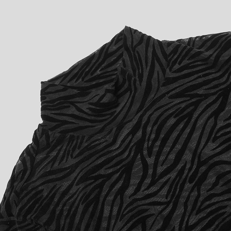 Autumn Zebra Pattern Stretch Shirt Men's See-Through Tight Fitting High Collar Long Sleeve T-Shirt 5