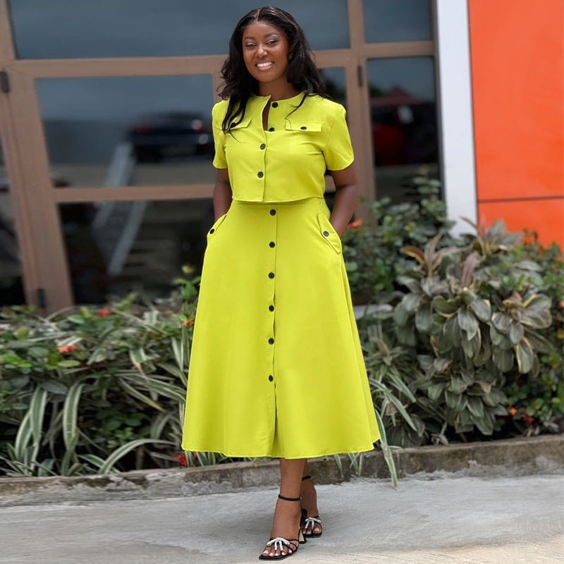 Women Summer Chic Round Neck Short Sleeve Top and Button Skirt Two-piece Set