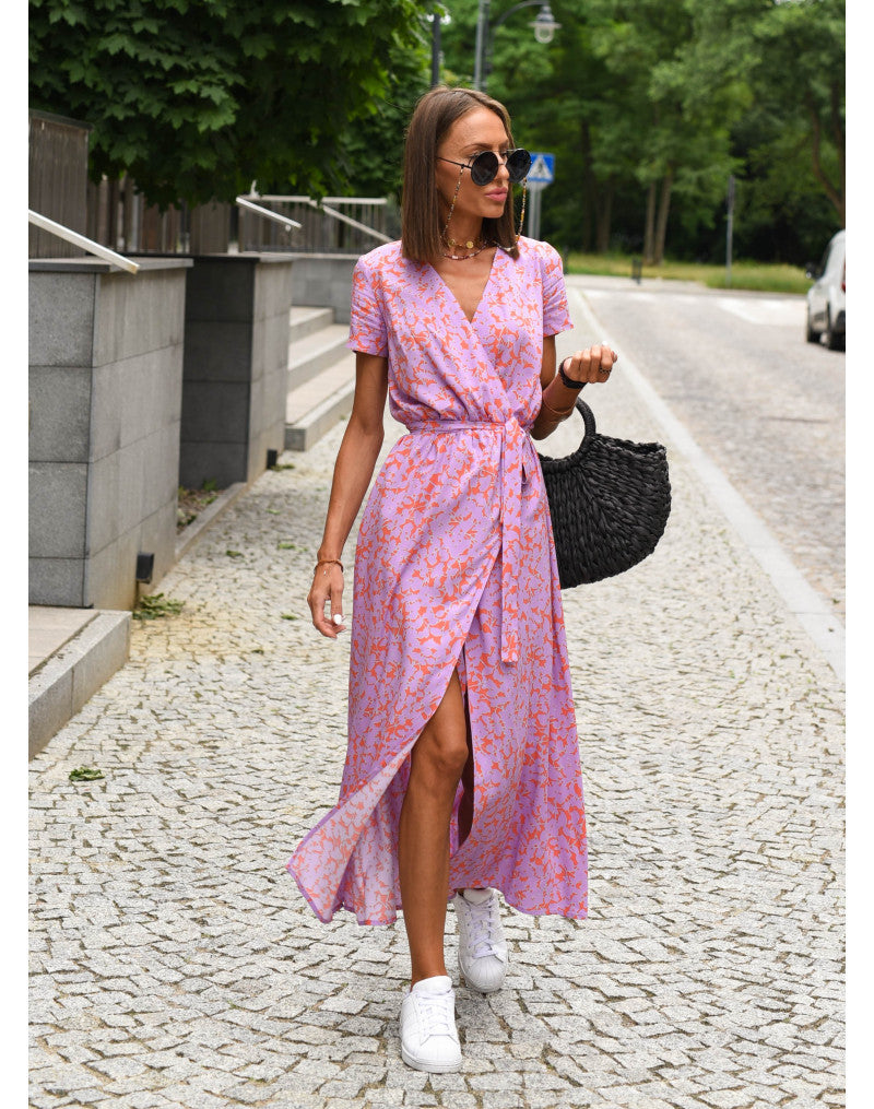 Women's Holidays Polka Dot Print Lace-Up Slim Waist V-Neck Short Sleeve Maxi Dress 4