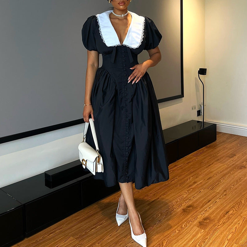 Women autumn and winter French puff sleeve Maxi dress