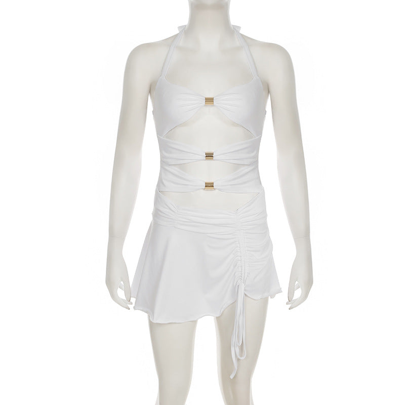 Summer sexy women Holidays metal Patchwork hollow Halter Neck slim short dress 6