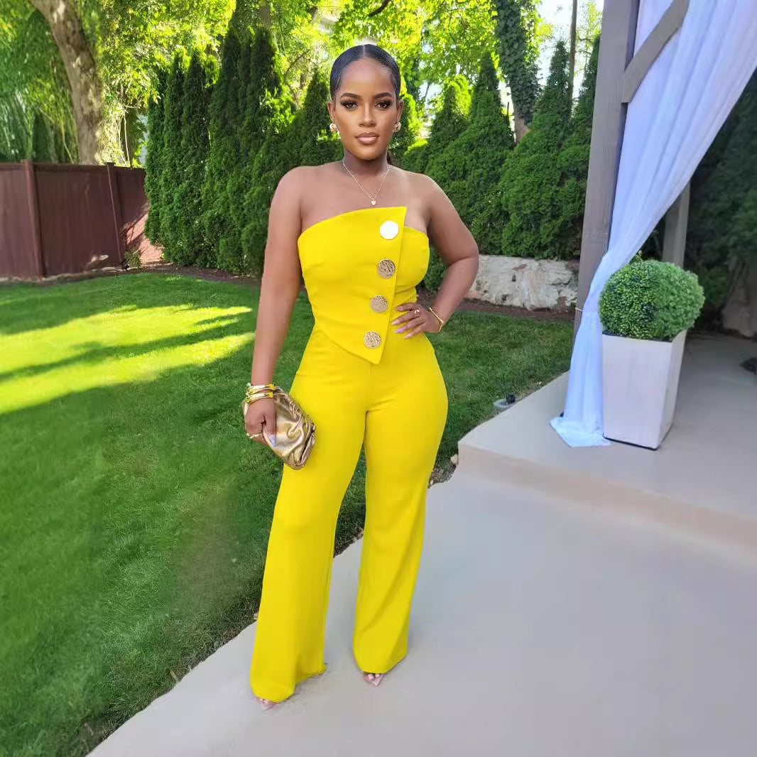 Strapless Solid Color Button Wide-Leg Jumpsuit 3