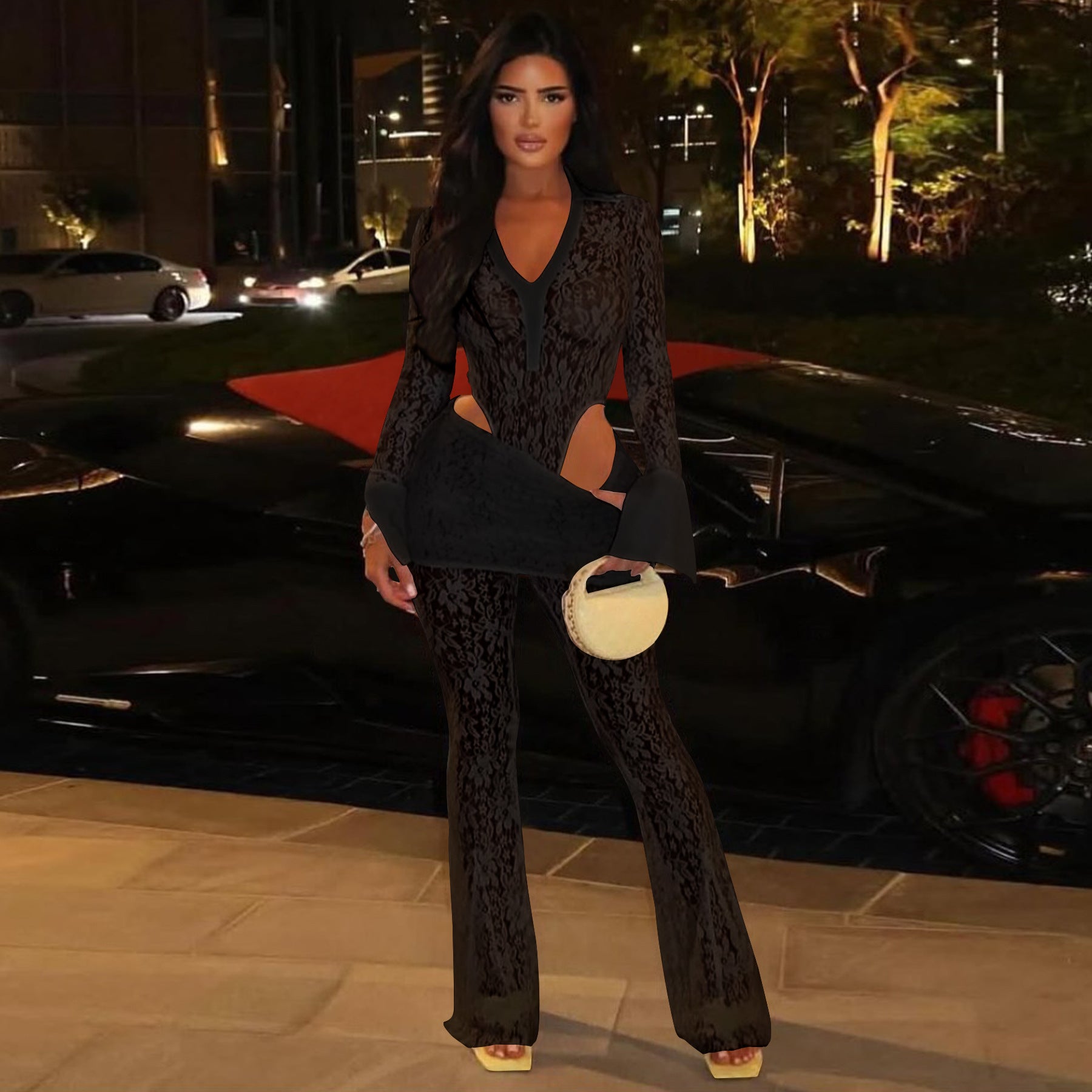 Women's sexy See-Through lace bodysuit pants two-piece set 6