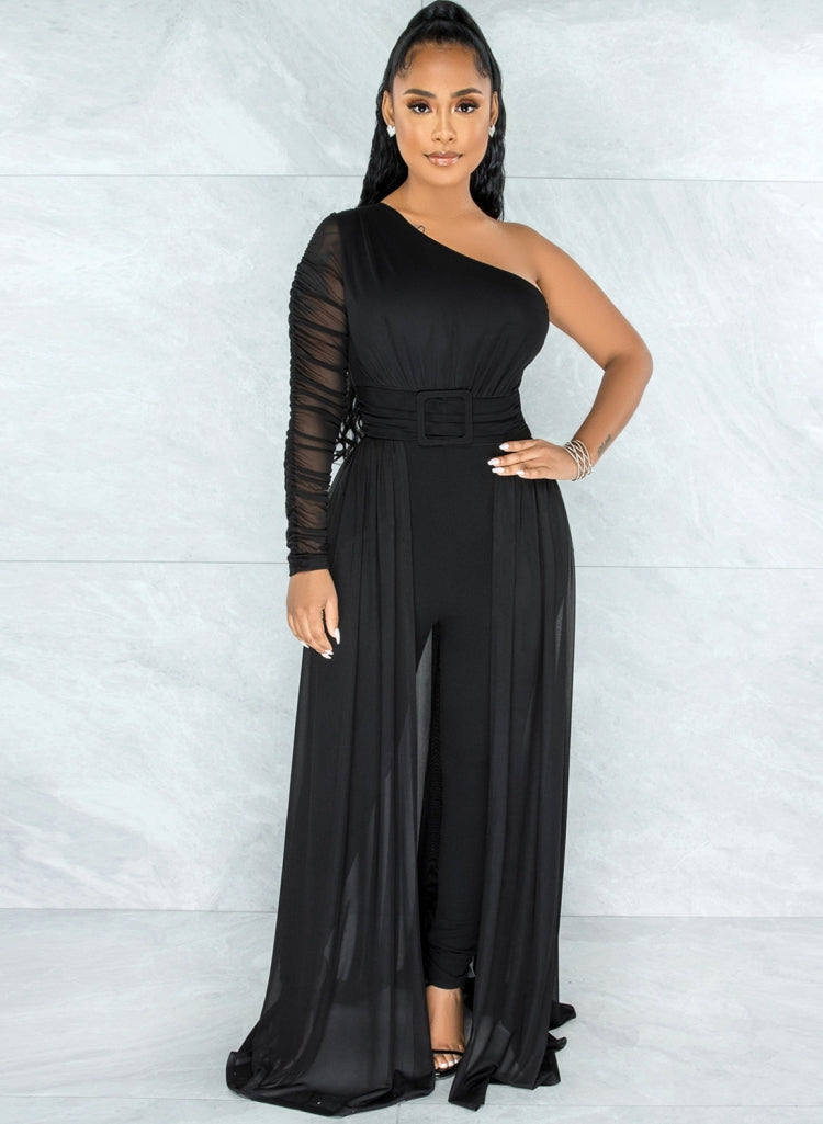 Women Summer Black Romantic Slash Neck Full Sleeves Solid Mesh Ripped Full Length Regular Jumpsuit 4