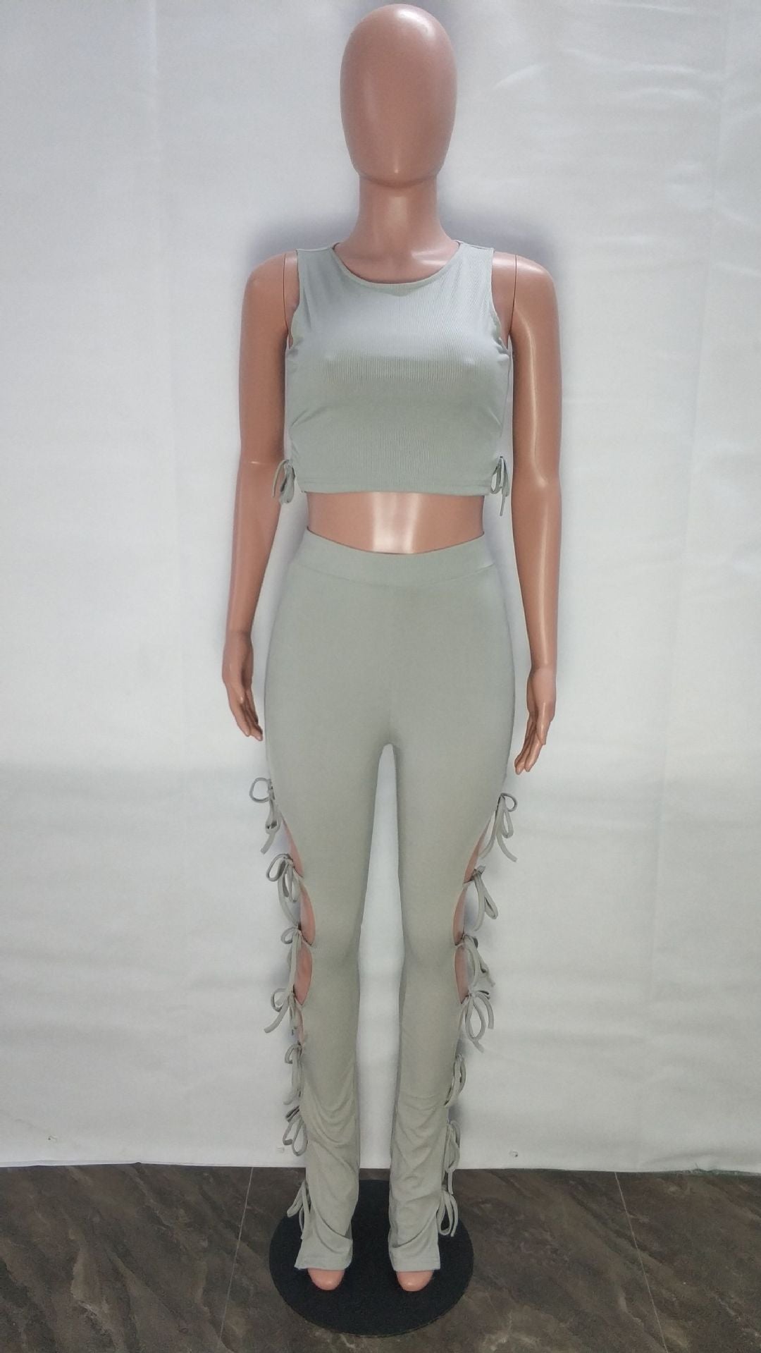 Women's Fashion Summer Style Cutout Tie Solid Color Ribbed Sleeveless Two-Piece Pants Set 20