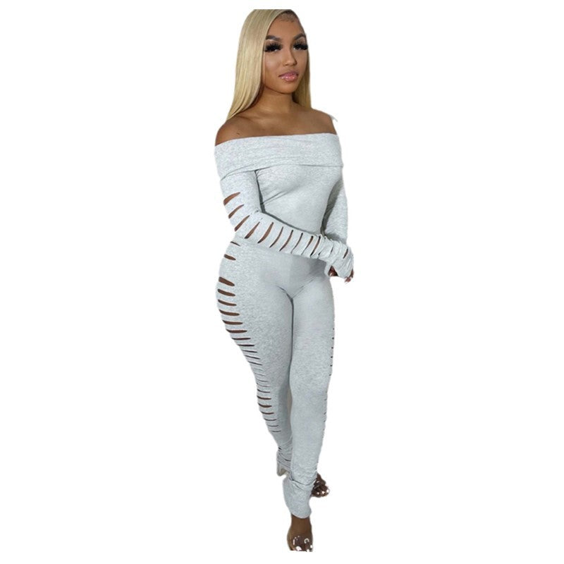 Women Off Shoulder long sleeve sexy Ripped Jumpsuit 8