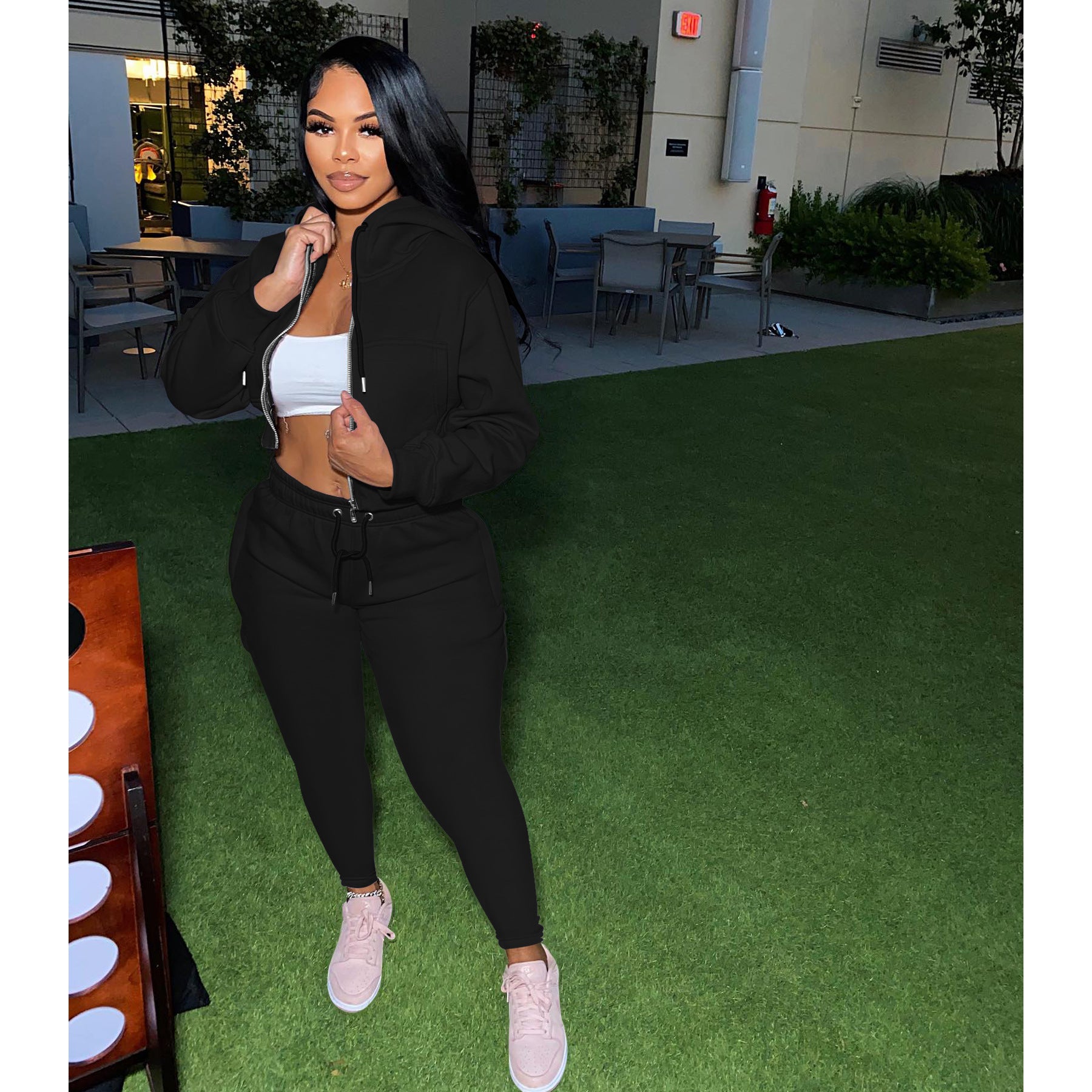 Women Casual Solid Hoodies and Pant Two-Piece Set 4