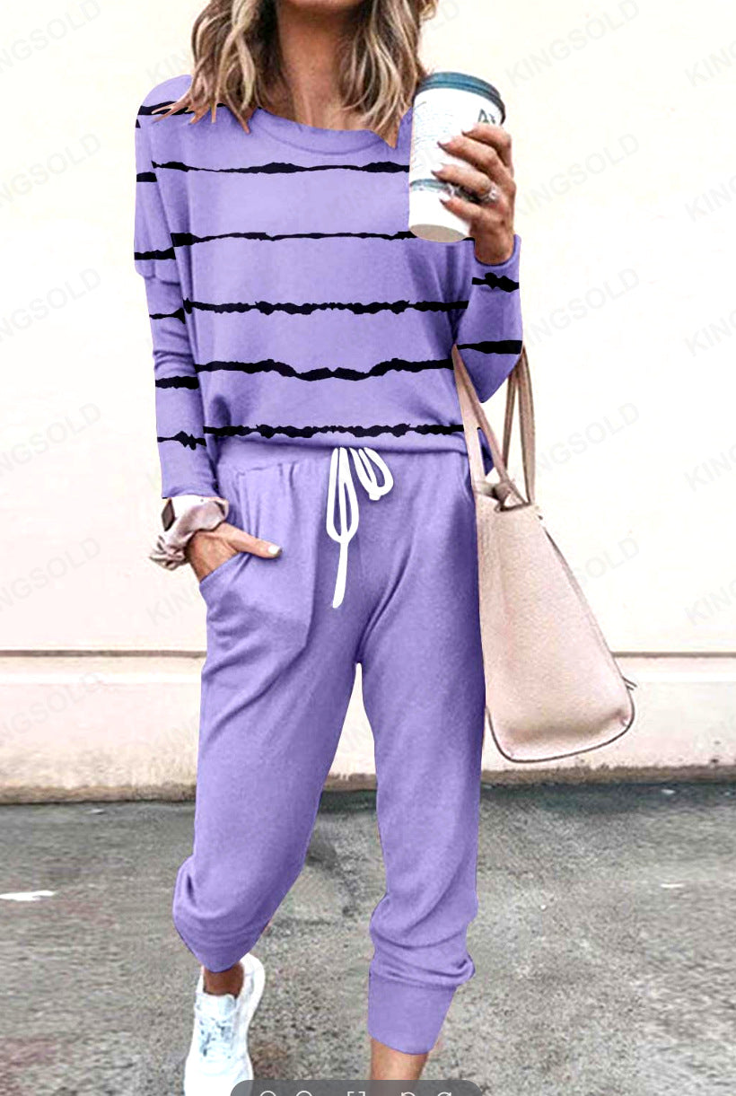 Women Loose Solid Long Sleeve Top and Pant Casual Two-piece Set 42
