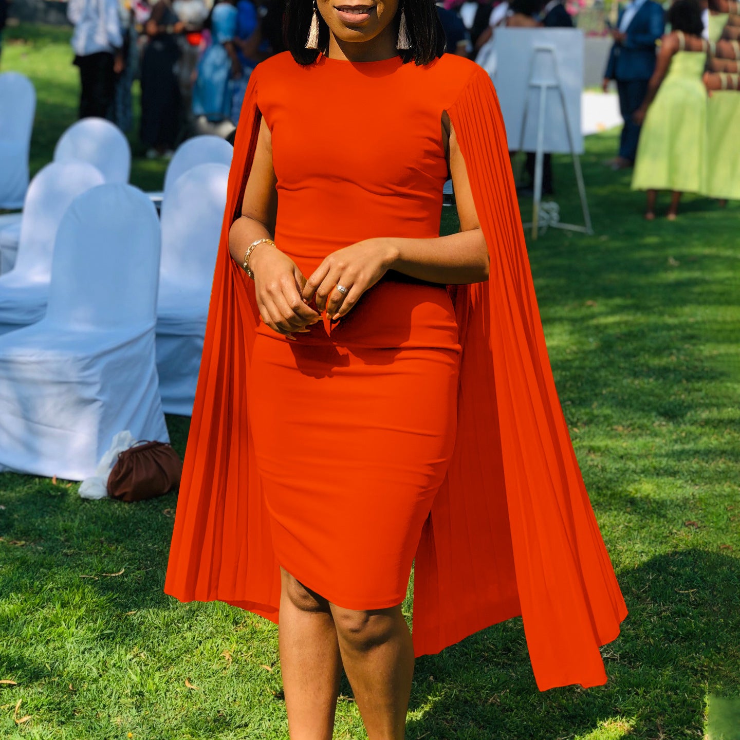 Women's Fashion Solid Color Round Neck Pleated Shawl Sleeve Formal Party Evening Dress 4