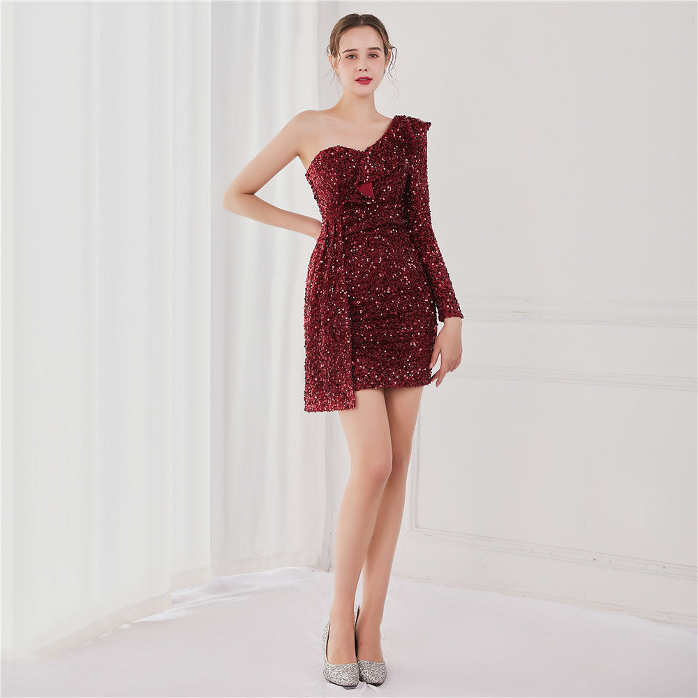 Winter Elegant Sequins Ruffled One Shoulder Long Sleeve Short Formal Party Dress 11