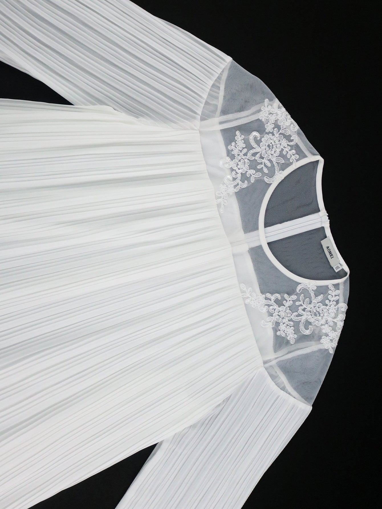 Plus-Size Women Elegant White Cutout Mesh Long-Sleeved Ruffled Belted Chiffon Dress 12