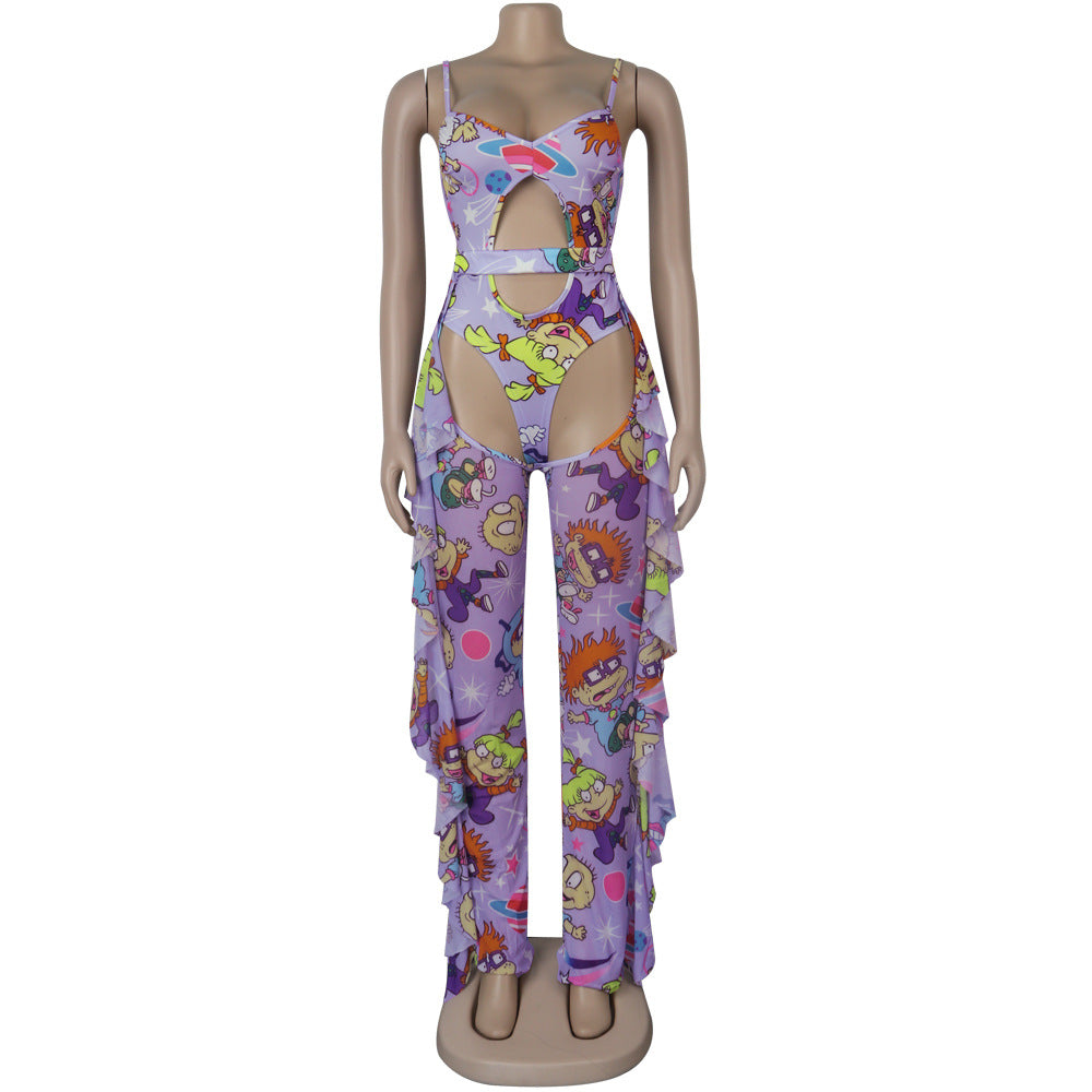 Sexy Women's Solid Color Printed One Piece Swimsuit Mesh Pants Two-Piece Set 25