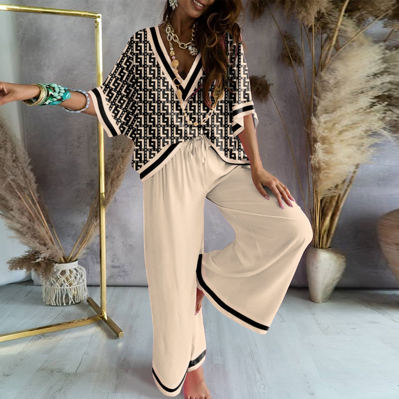 Women'S Casualprint V-Neck Loose Top + Elastic Waist Wide Leg Pants Set
