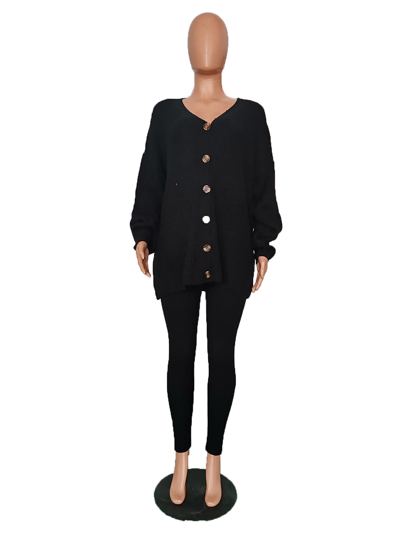 Women Fall/Winter Solidv-neck Button Cardigan Sweater and Pants Two-piece Set 7