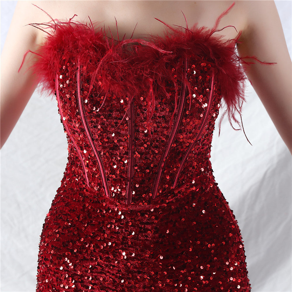 Women palace fishbone vest-ordered ostrich plush bottom sequined evening dress 16