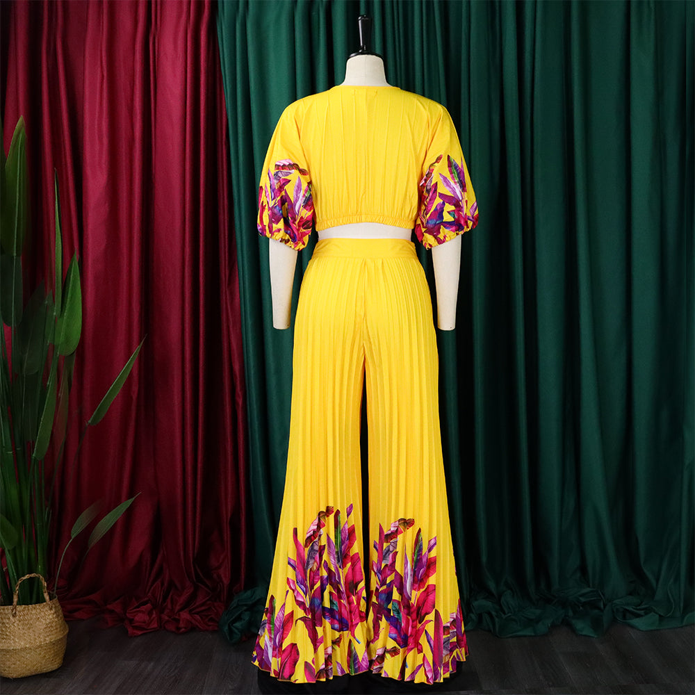 Women's Summer fashion v-neck printed top wide-leg pants two-piece suit 13